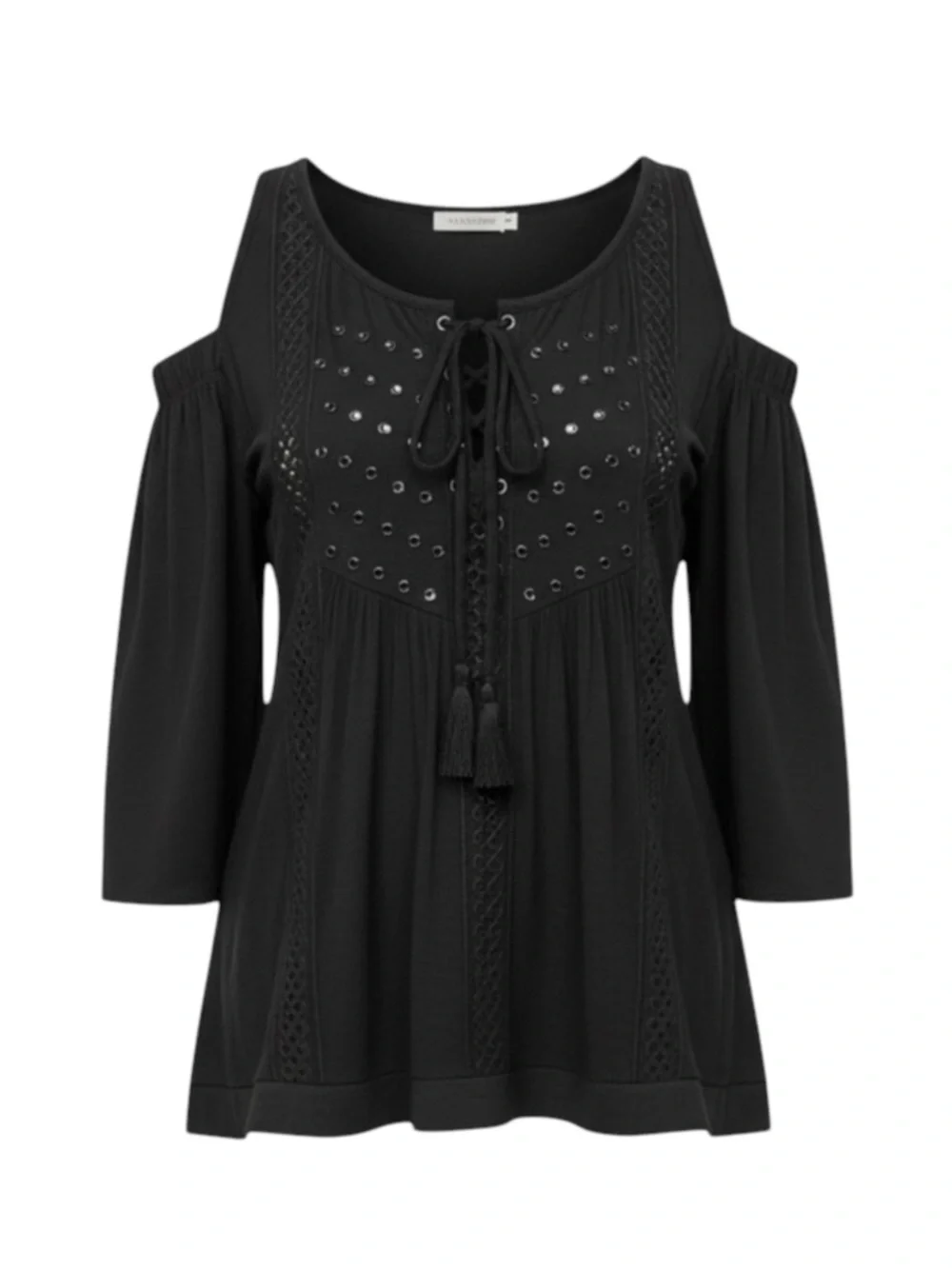 new Hale Bob ༄ Shaina Silk Crochet Cotton Voile Cold Shoulder Top ༄ Black XS - Picture 13 of 16